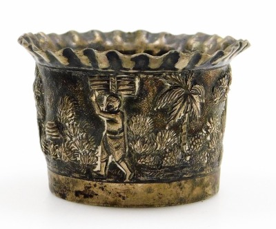 A collection of Oriental silver coloured metalware pieces, to include a goblet with embossed and repousse decoration of buildings, figures, etc., a similar bowl, small mug with a hunting scene, stamped T90, parasol handle, and trefoil dish, etc. (6) - 3