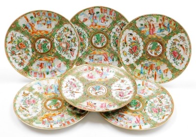 A set of six 19thC Chinese Canton porcelain plates, each decorated in coloured enamels with figures, birds and leaves, unmarked, 24cm diameter.