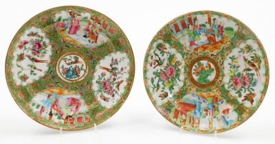 A set of six 19thC Chinese Canton porcelain plates, each decorated in coloured enamels with figures, birds and leaves, unmarked, 24cm diameter. - 6