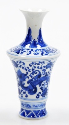 A Chinese porcelain blue and white vase, of wide shouldered form, decorated with a stylised dragon among scrolling peonies, within diaper borders, blue leaf mark to underside, 17cm high.