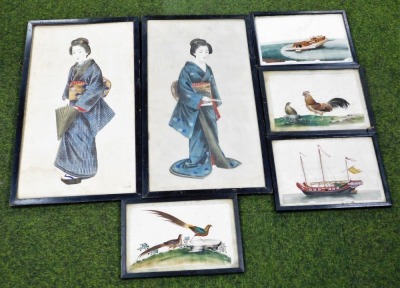 A group of four Chinese rice or pith paper paintings, each depicting birds or boats, and two Japanese painting of women dressed in kimono, 18cm x 28cm, and 61cm x 32cm.