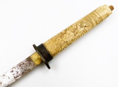 A Japanese Meiji period short sword (tanto), the bone handle and scabbard carved with figures (AF), 54cm long, a walking stick, probably Indian, with carved bone handle and a Japanese bamboo flute. (3) - 4