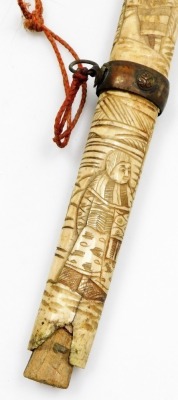 A Japanese Meiji period short sword (tanto), the bone handle and scabbard carved with figures (AF), 54cm long, a walking stick, probably Indian, with carved bone handle and a Japanese bamboo flute. (3) - 7