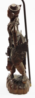 A Thai carved wooden figure of a dancer, on a domed foot, converted to a table lamp (AF), 94cm high overall. - 3