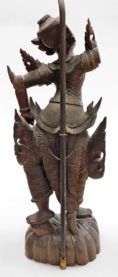 A Thai carved wooden figure of a dancer, on a domed foot, converted to a table lamp (AF), 94cm high overall. - 4