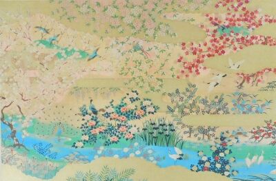 A 20thC Japanese colour landscape print, depicting cranes, peacocks, peonies, blossom and other flora, plate size 64cm x 95cm.