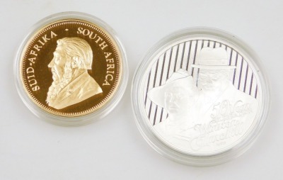 A SA Mint Winston Churchill Krugerrand Launch set, comprising Krugerrand dated 2015, 1oz/31.1g, and a commemorative Winston Churchill's Life and Legacy silver medallion, 1oz, limited edition no. 114/300, boxed with certificate and associated pamphlet. - 2