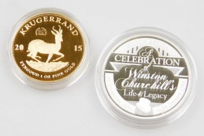 A SA Mint Winston Churchill Krugerrand Launch set, comprising Krugerrand dated 2015, 1oz/31.1g, and a commemorative Winston Churchill's Life and Legacy silver medallion, 1oz, limited edition no. 114/300, boxed with certificate and associated pamphlet. - 3