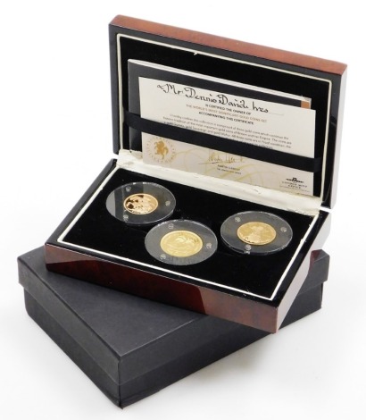 A London Mint Office The World's Most Significant Gold Coin set, comprising 2014 full gold sovereign, 2013 guinea and a 2014 mohur, in fitted case with certificate and outer box, approx 27.8g.