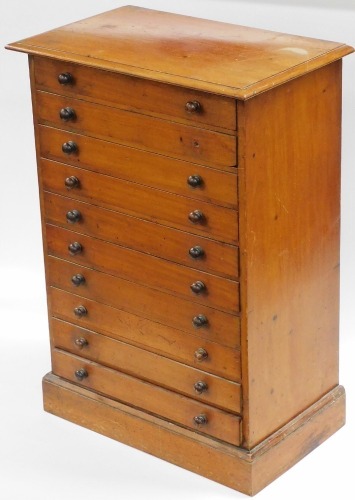 A late Victorian mahogany collector's chest, the rectangular top with a moulded edge above ten drawers, each with turned wood handles, on a plinth base, lacking one handle, 71cm x 49cm.