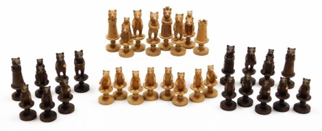 A Black Forest 'Bears of Berne' chess set, each piece carved as a bear in differing pose, height of queen 7cm. (AF)