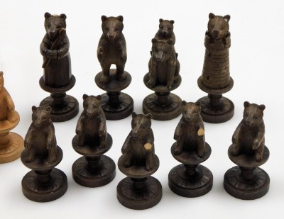 A Black Forest 'Bears of Berne' chess set, each piece carved as a bear in differing pose, height of queen 7cm. (AF) - 2