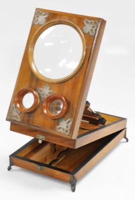 A Victorian olive wood and silver plated stereo viewer, with two circular eye holes and circular aperture, 19cm wide, 29cm long.