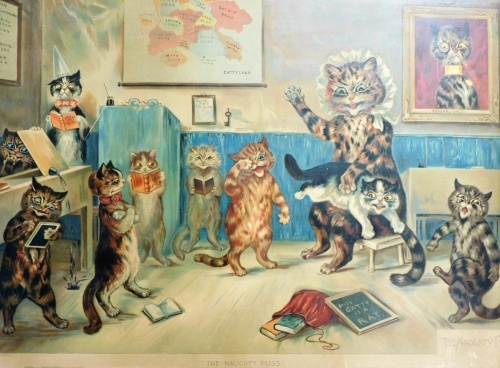 After Louis Wain. The Naughty Puss, a coloured lithograph, printed by Orford Smith Limited St Albans, 48cm x 69cm.