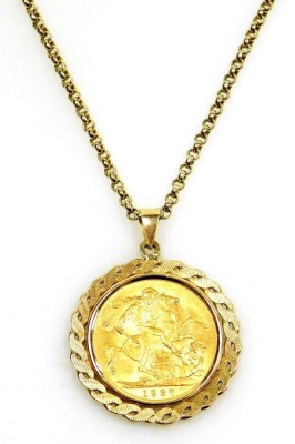 A George V gold full sovereign 1927, in a 9ct gold pendant mount, on a 9ct gold belcher chain with lobster claw clasp, 20.1g.