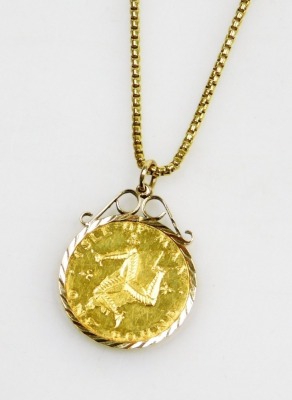 An Elizabeth II Isle of Man gold one pound coin 1980, in a 9ct gold pendant mount, together with a plated box link neck chain, gold weight 9.4g. - 2