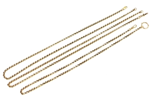 Three 9ct gold belcher link neck chains, on bolt ring or lobster claw clasps, 38.0g.