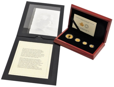 A Royal Canadian Mint 2016 pure gold Maple Leaf fractional coin set, containing fifty dollar coin, ten dollar coin, five dollar coin and one dollar coin, in fitted box with certificate and a pencil drawing of Queen Elizabeth II by Angela Pistrucci, produc