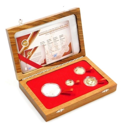 A SA Mint Winston Churchill fractional 2015 Krugerrand set, comprising a half, a quarter and a one tenth Krugerrand, and a 1oz silver medallion, limited edition no. 137/250, in fitted box with certificate, approx 28.8g gold weight.