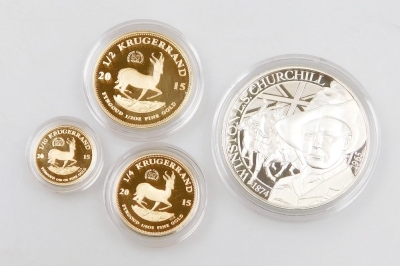 A SA Mint Winston Churchill fractional 2015 Krugerrand set, comprising a half, a quarter and a one tenth Krugerrand, and a 1oz silver medallion, limited edition no. 137/250, in fitted box with certificate, approx 28.8g gold weight. - 2