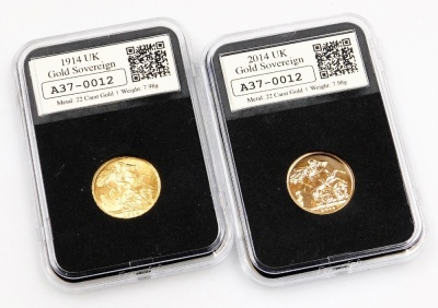 A DateStamp Centenary of World War One gold sovereign set, comprising a 1914 full gold sovereign and a 2014 full gold sovereign, in fitted case with certificate. - 3