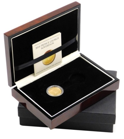 An Elizabeth II full gold sovereign, to commemorate the birth of Prince George in 2014, in fitted box with certificate and outer box.