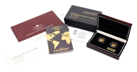 An Operation Fish 2015 gold two coin set, comprising a 1914 full gold sovereign, and a Canadian 2015 seventy five dollar coin, produced to commemorate seventy five years of Operation Fish 1940-2015, limited edition no. 29/200, in fitted box with outer box