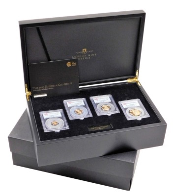 A Royal Mint 2013 gold sovereign collection, comprising double sovereign, sovereign, half sovereign and quarter sovereign, limited edition no. 121/200, in fitted box with certificate and outer box.