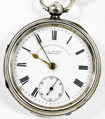 A J.G. Graves Sheffield The Express English Lever silver cased pocket watch, open faced, keywind, with a circular enamel dial bearing Roman numerals and gold coloured hands, subsidiary seconds dial, the case of plain form with shield and garter, Chester 1 - 2