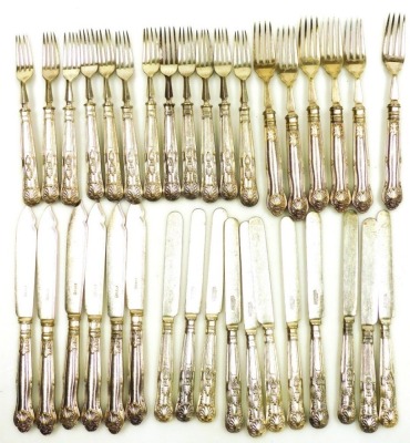 A group of Mappin and Webb King's pattern plated flatware, comprising six fish knives and forks, twelve dessert forks and eleven knives.