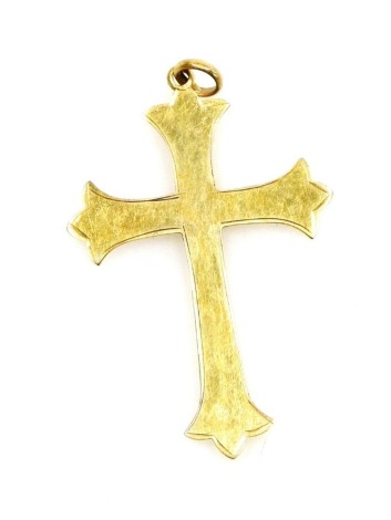 A cross pendant, of plain design with trefoil ends, yellow metal stamped 9ct, 3.5cm high, 1.9g.