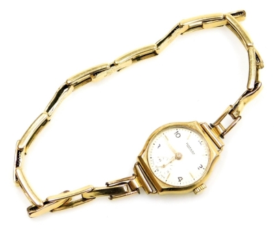 A Rotary 9ct gold lady's wristwatch, the watch head in a 9ct gold case with cream coloured dial and seconds dial, on a rolled gold expanding bracelet, 16.7g all in. - 2