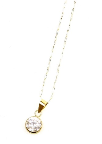 A 9ct gold pendant and chain, the circular pendant set with white paste stone, in a rub over 9ct gold setting, on a fine link chain, 50cm long, 0.9g all in.