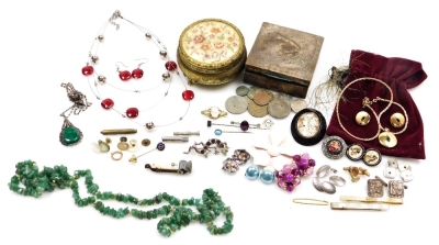 A group of costume jewellery and effects, comprising jadeite necklace, stone set bar brooches, clip on earrings, black frame cameo brooch, gents cuff links, silver cuff links, dress necklaces, etc. (a quantity)