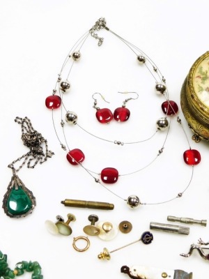 A group of costume jewellery and effects, comprising jadeite necklace, stone set bar brooches, clip on earrings, black frame cameo brooch, gents cuff links, silver cuff links, dress necklaces, etc. (a quantity) - 4