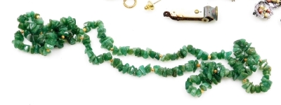 A group of costume jewellery and effects, comprising jadeite necklace, stone set bar brooches, clip on earrings, black frame cameo brooch, gents cuff links, silver cuff links, dress necklaces, etc. (a quantity) - 5