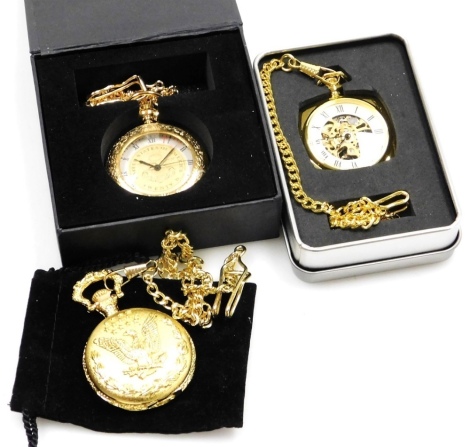 Three pocket watches, comprising a United States pocket watch, a square design open work movement pocket watch and chain, and a United States of America $20 Historic American Mint Pocket Watch Collection watch and chain. (3)