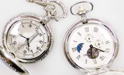 Four modern pocket watches, comprising two circular open work design pocket watches, a Heritage Collection chronograph type pocket watch and a presentation Spitfire case with pocket watch, penknife and matching pen. (4) - 3