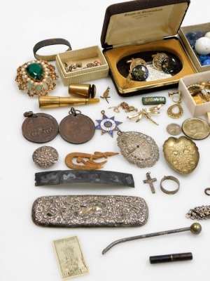 A group of costume jewellery, comprising an Eastern inspired plated bangle, various drop earrings, pearl hoop earrings, cuff links, silver plated pocket watch, filigree type bracelets, part button hooks, etc. (a quantity) - 2