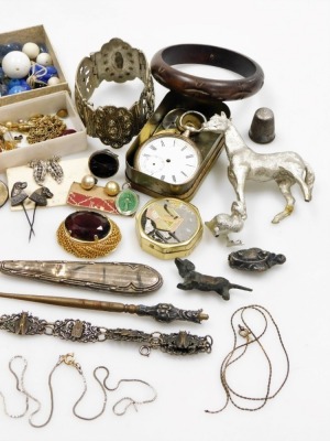 A group of costume jewellery, comprising an Eastern inspired plated bangle, various drop earrings, pearl hoop earrings, cuff links, silver plated pocket watch, filigree type bracelets, part button hooks, etc. (a quantity) - 3