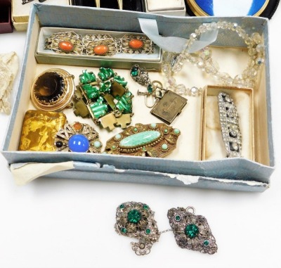 A group of costume jewellery, comprising cultured pearl necklace, paste stone set buckles and brooches, coral and filigree bracelet, watch chains, earrings, evening purses, compacts, etc. (a quantity) - 4