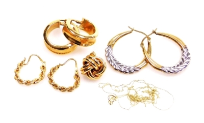 Three pairs of 9ct gold hoop earrings, together with a single knot earring and a neck chain, 9.0g.