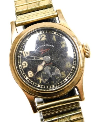 A mid century West End Watch Company gentleman's Sowar Prima wristwatch, circular black dial bearing Arabic numerals, subsidiary seconds dial, yellow metal case presentation engraved, dated 1945, serial number 6560-11, on a plated strap.