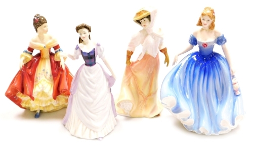 Four Royal Doulton porcelain figures, comprising Southern Belle HN2229, Pride of Scotland HN4453, The Open Road HN4161 and Melissa HN3977.