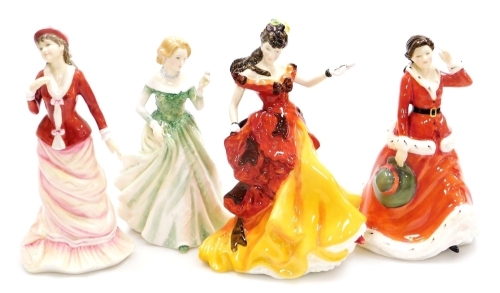 Four Royal Doulton porcelain figures, comprising Sally HN3383, Grace HN3699, Winters Day HN3769 and Belle HN3703.