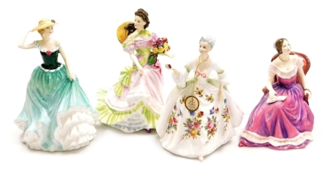 Four Royal Doulton porcelain figures, comprising Summertime HN3478, Emily HN4093, Diana HN2468 and The Young Queen Victoria HN4475.