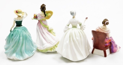 Four Royal Doulton porcelain figures, comprising Summertime HN3478, Emily HN4093, Diana HN2468 and The Young Queen Victoria HN4475. - 2