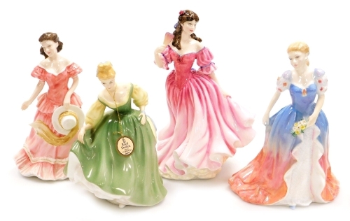 Four Royal Doulton porcelain figures, comprising Amy HN3854, Fair Lady HN2193, Lauren HN3975 and Pamela HN3756.