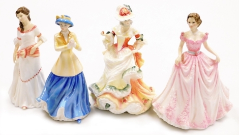 Four Royal Doulton porcelain figures, comprising Lauren HN3872, Hannah HN4407, Rose HN3709, and Hope HN4097.