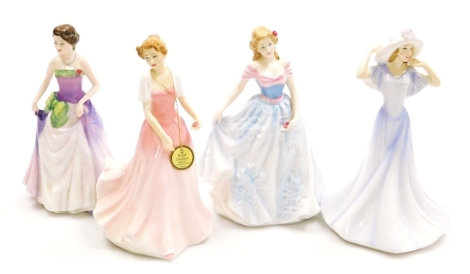 Four Royal Doulton porcelain figures, comprising Jessica HN3850, Julie HN3878, Faith HN4151 and Olivia HN3717.